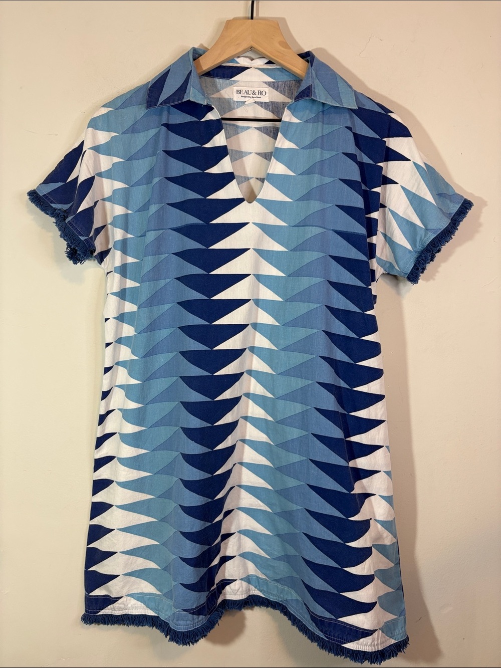 Beau & Ro 100% Cotton “The Beach Tunic” in Ocean Bagru Triangle Blue Geometric